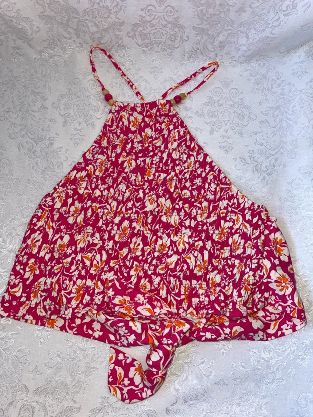 NWT ZARA Bright Pink Floral Halter Tank with Bead Straps.  Size Large. - Picture 2 of 5